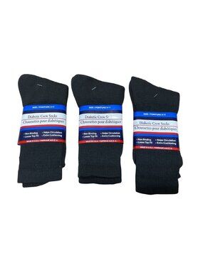 NWT Diabetic Crew Socks Size 9-11 Non-Binding Loose Fit Black 3-Pack Made In USA